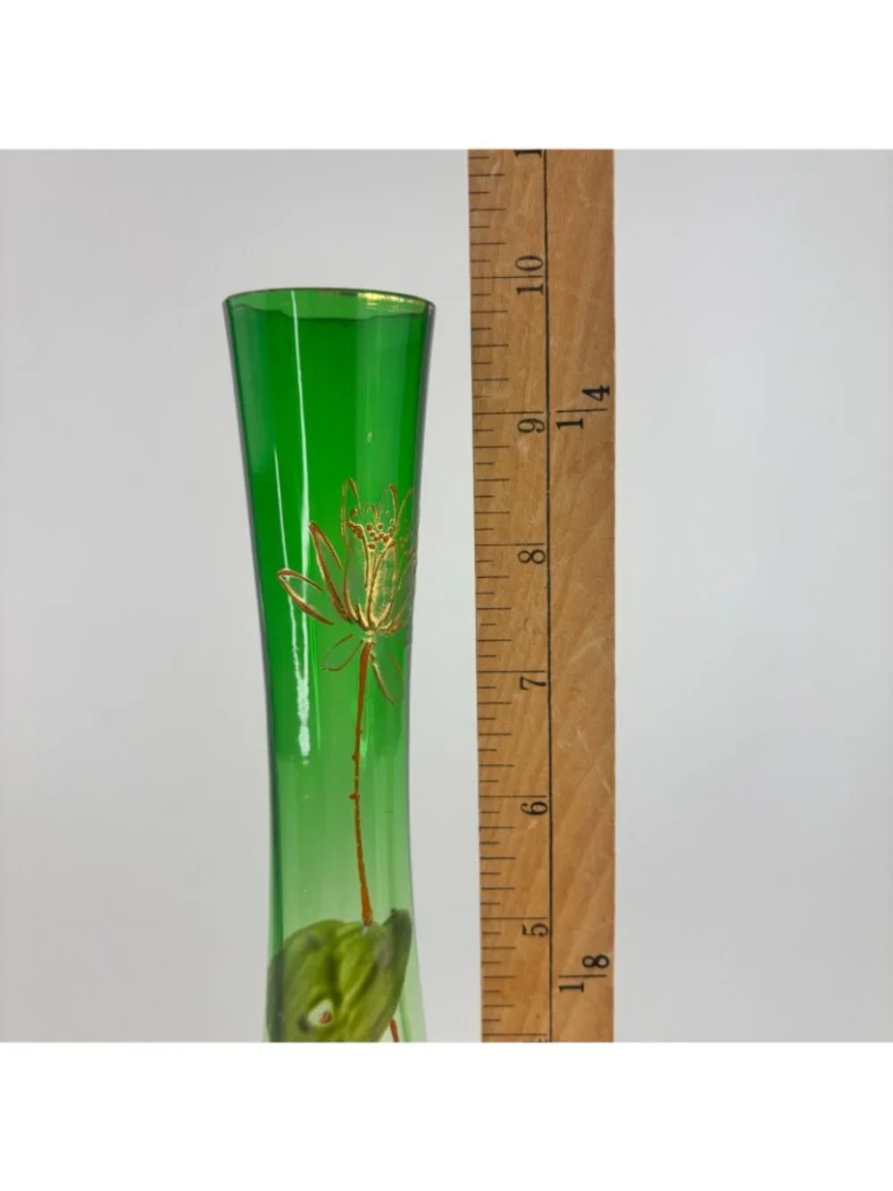 Vintage Emerald Green Glass Vase Gold Hand Painted Flowers 10” Tall